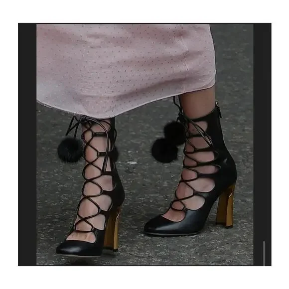 Gucci Heloise Black Leather Lace Up Pom Pom High Heeled Boots 6.5 36.5 409230 - Picture 9 of 17
